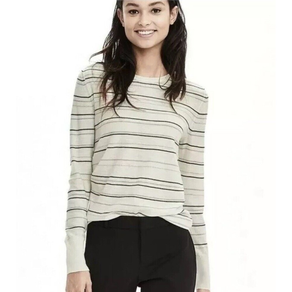 Banana Republic Merino Wool Ivory Striped Lightweight Sweater C6
